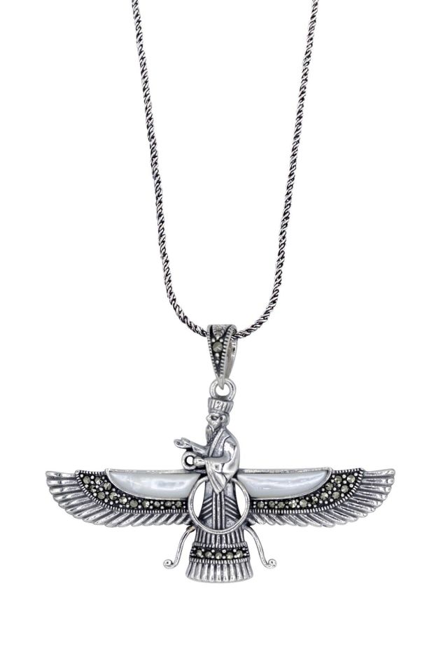 Sedef Taşlı Büyük Boy Ahura Mazda Gümüş Kolye 095
