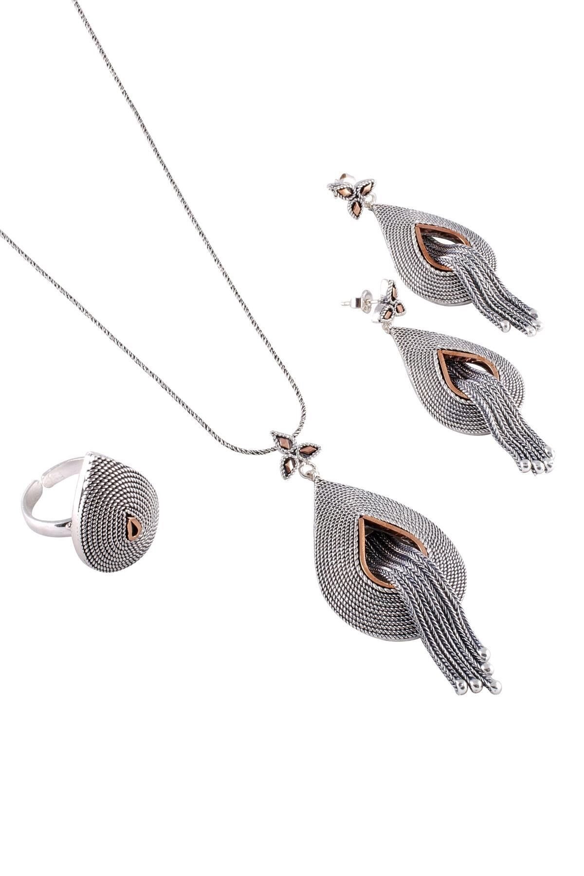 Damla Modeli Hasır Püsküllü Telkari Gümüş Set 050