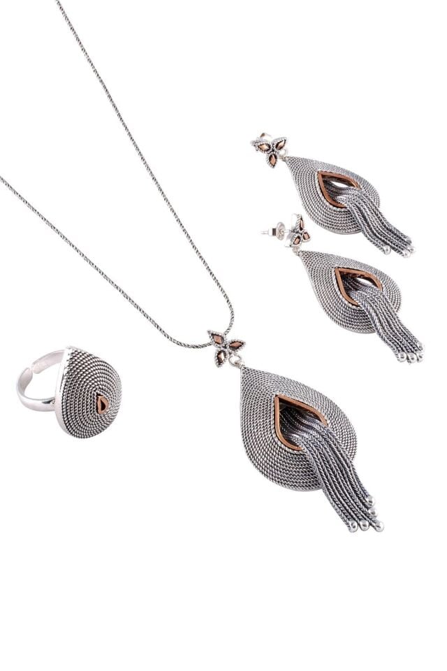 Damla Modeli Hasır Püsküllü Telkari Gümüş Set 050