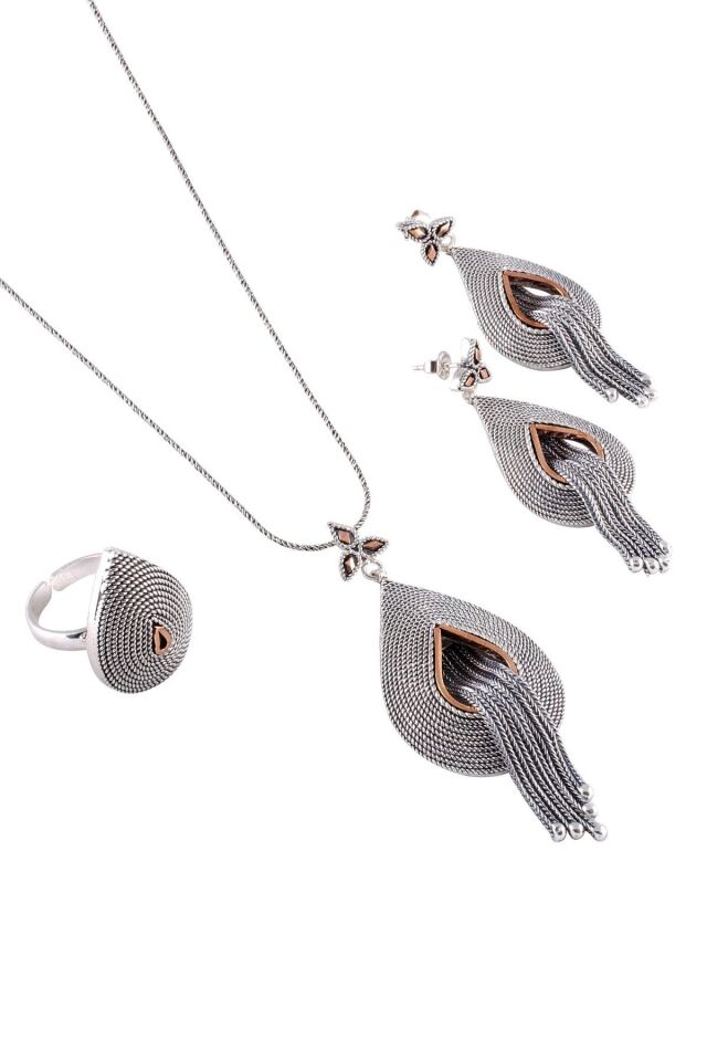 Damla Modeli Hasır Püsküllü Telkari Gümüş Set 050