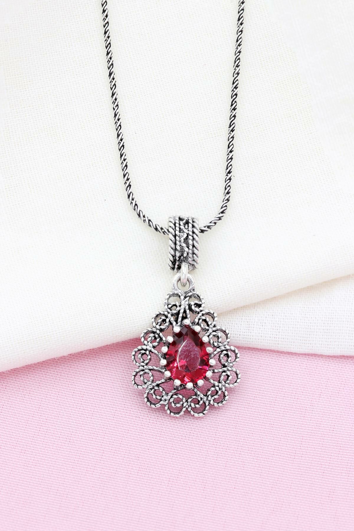 Pembe Zirkon Taşlı Damla Modeli Telkari Gümüş Kolye 498