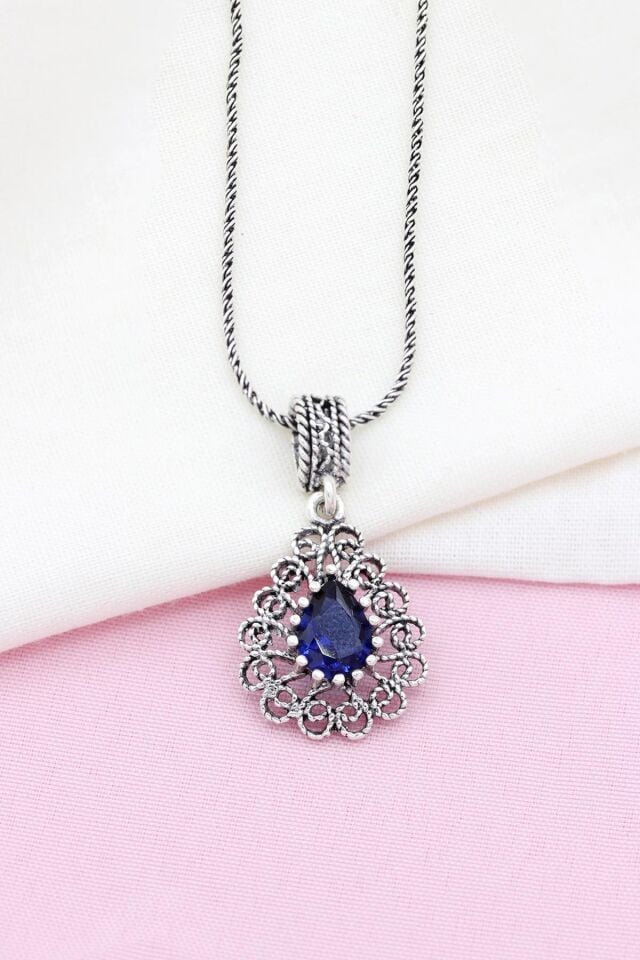 Kök Safir Taşlı Damla Modeli Telkari Gümüş Kolye 499