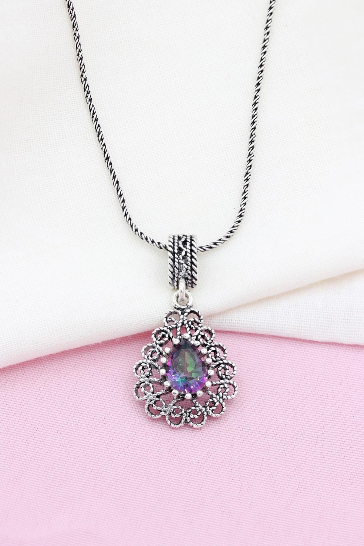 Mistik Topaz Taşlı Damla Modeli Telkari Gümüş Kolye 505