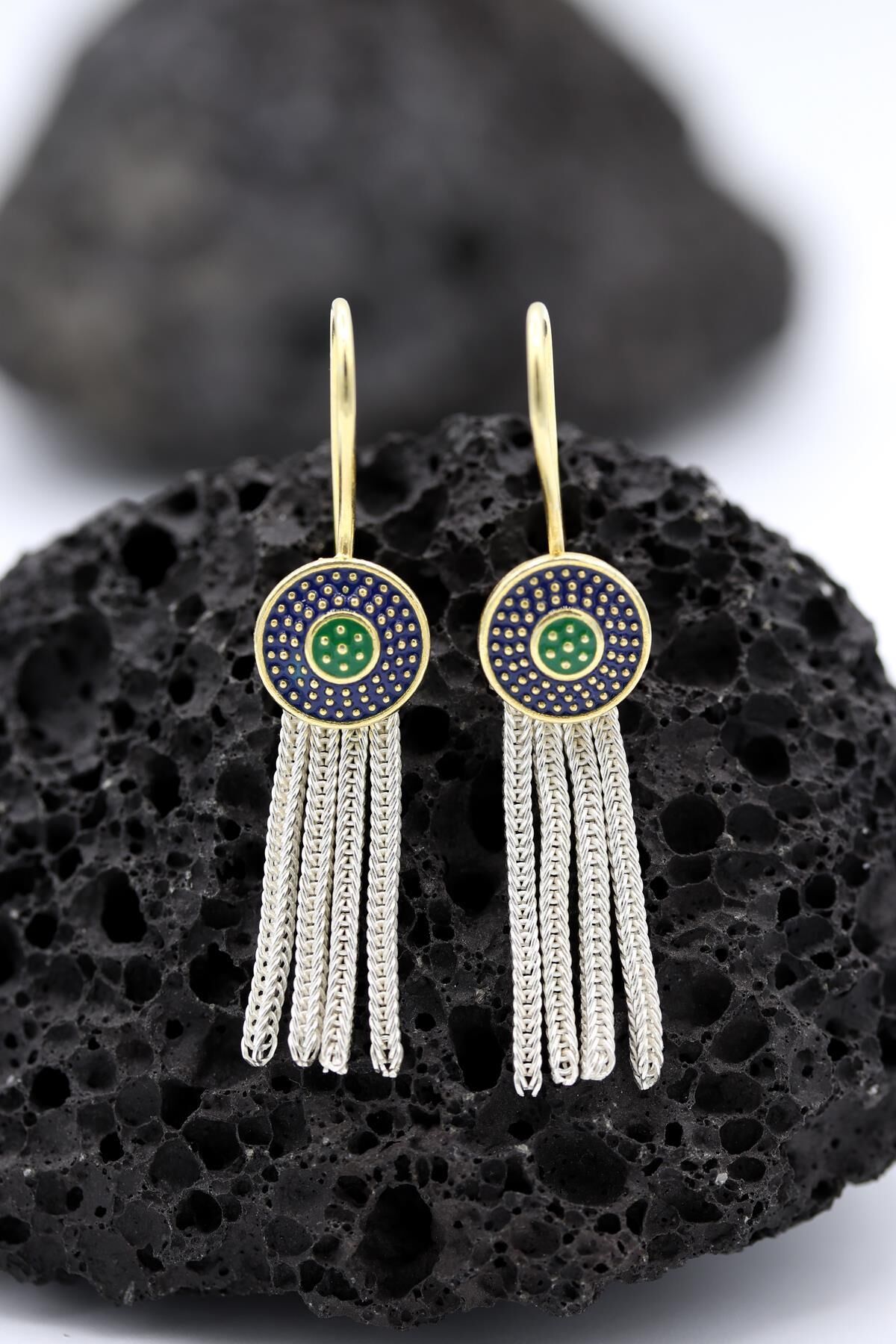 Altın Yaldızlı Mineli Mardin Hasırı Gümüş Küpe 074