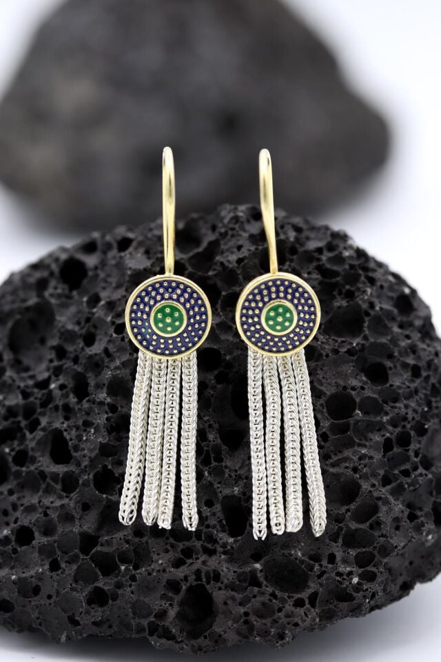 Altın Yaldızlı Mineli Mardin Hasırı Gümüş Küpe 074