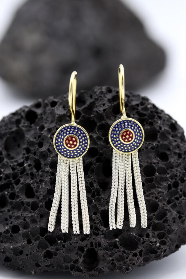 Altın Yaldızlı Mineli Mardin Hasırı Gümüş Küpe 075