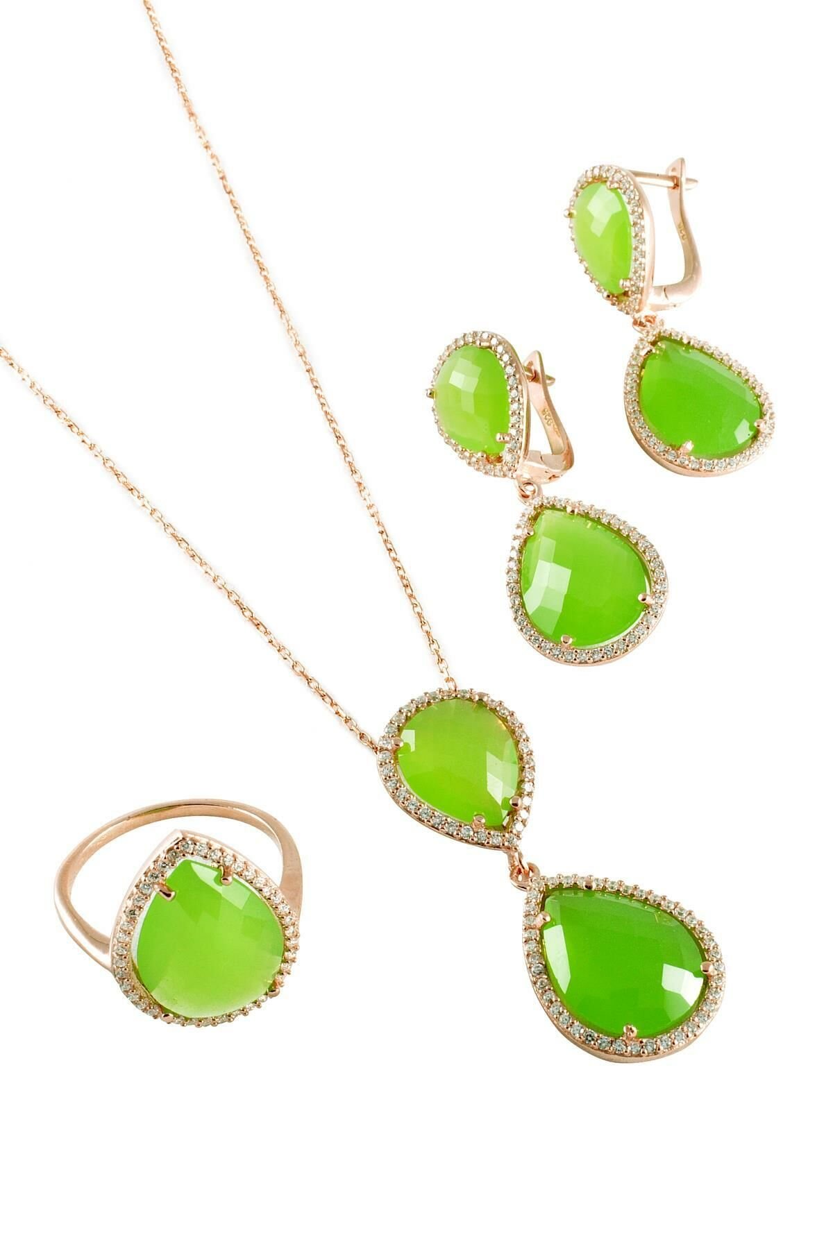 Yeşil Ceyt Taşlı Gümüş Set 025