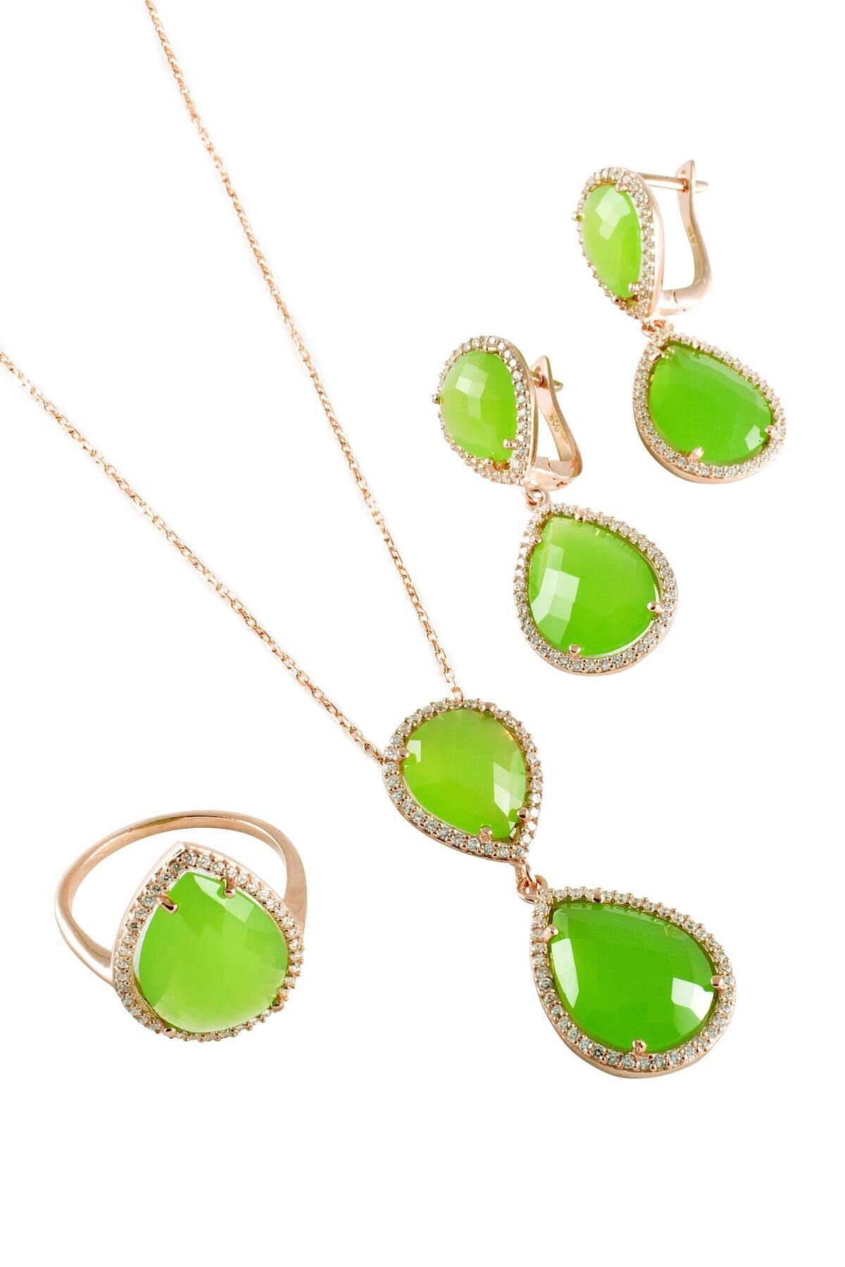 Yeşil Ceyt Taşlı Gümüş Set 025