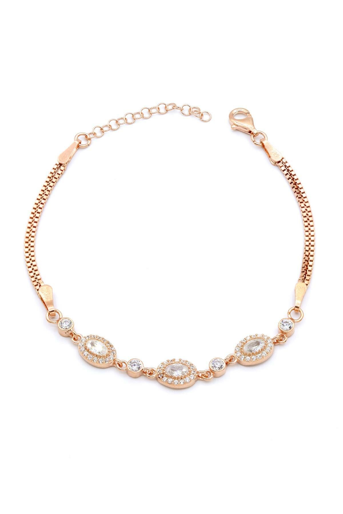 Oval Model Beyaz Zirkon Taşlı Roz Gümüş Bileklik 213
