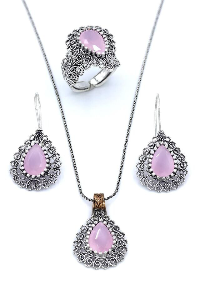Damla Modeli Pembe Kuvars Taşlı Telkari Gümüş Set 182