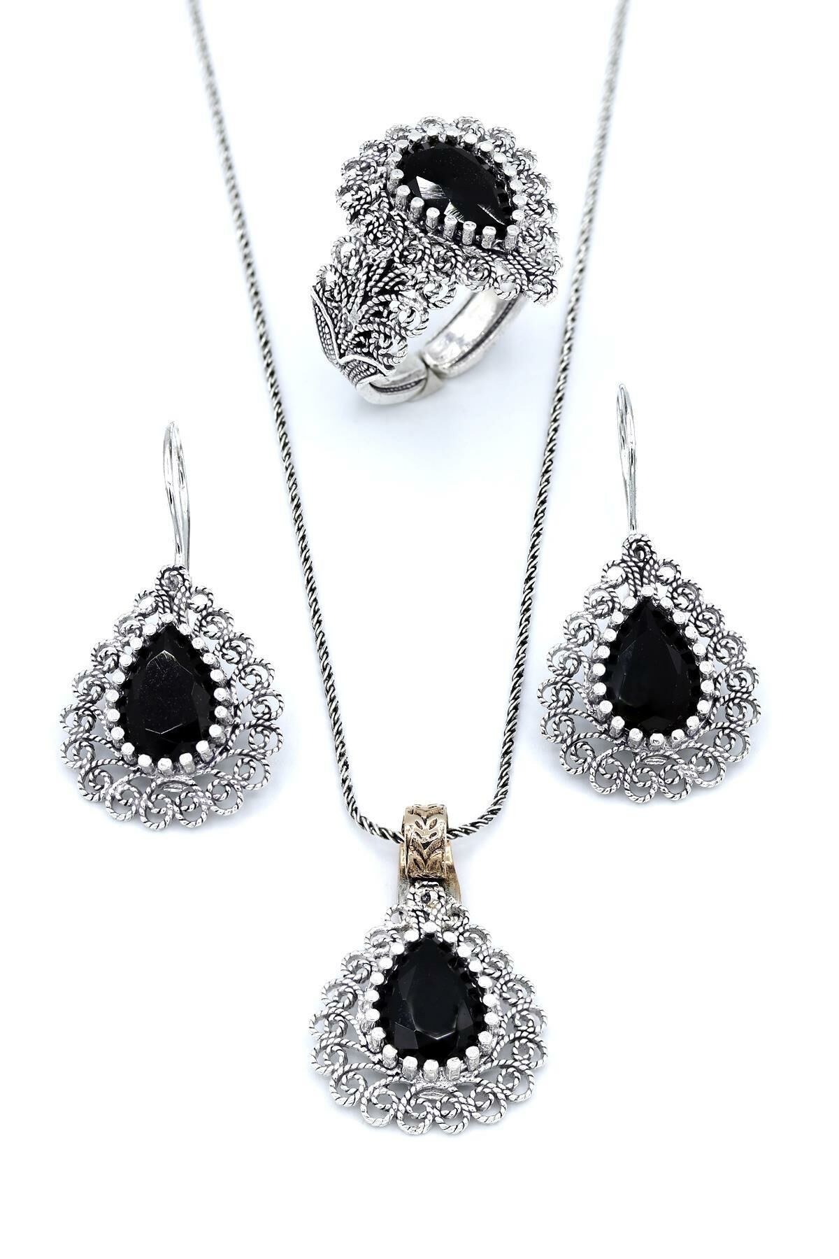 Damla Modeli Oniks Taşlı Telkari Gümüş Set 183