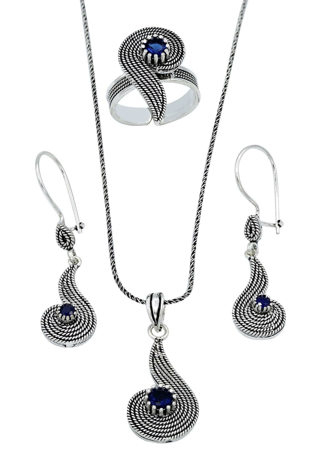 Kök Safir Taşlı Telkari Gümüş Set 187