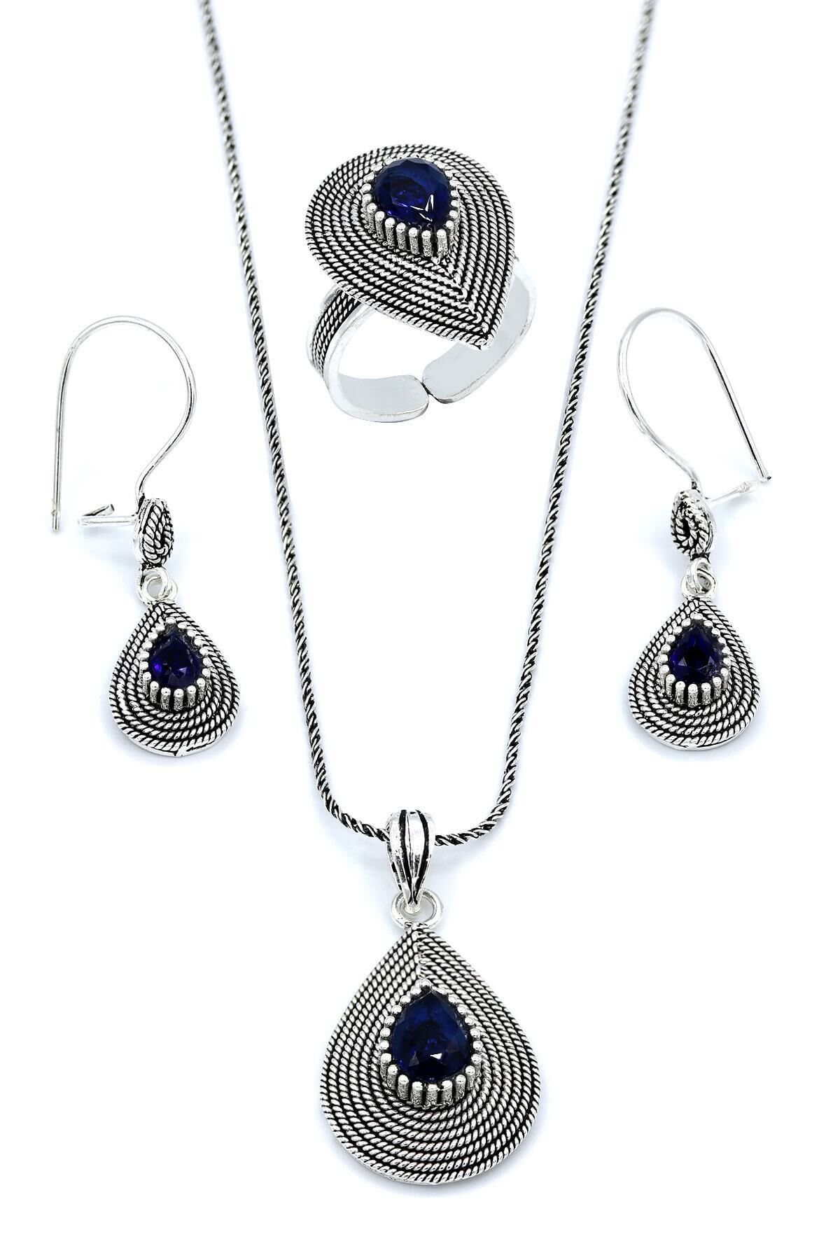 Damla Modeli Kök Safir Taşlı Telkari Gümüş Set 188