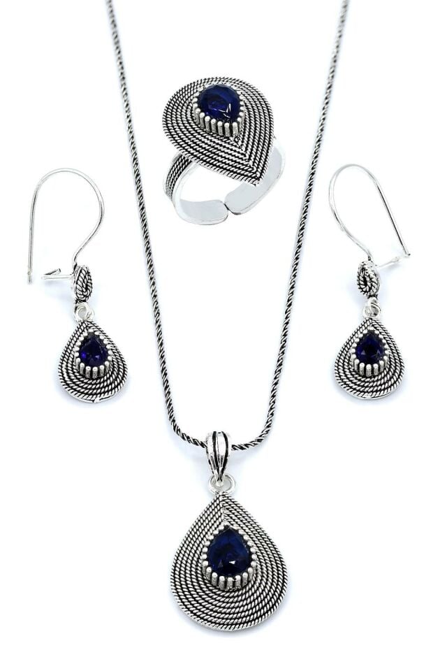 Damla Modeli Kök Safir Taşlı Telkari Gümüş Set 188