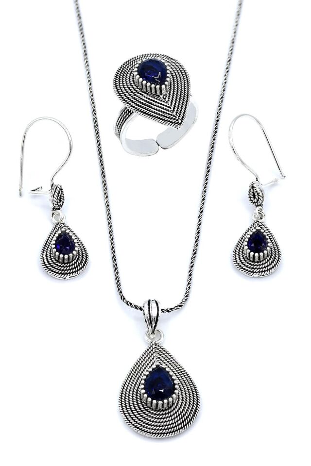Damla Modeli Kök Safir Taşlı Telkari Gümüş Set 188