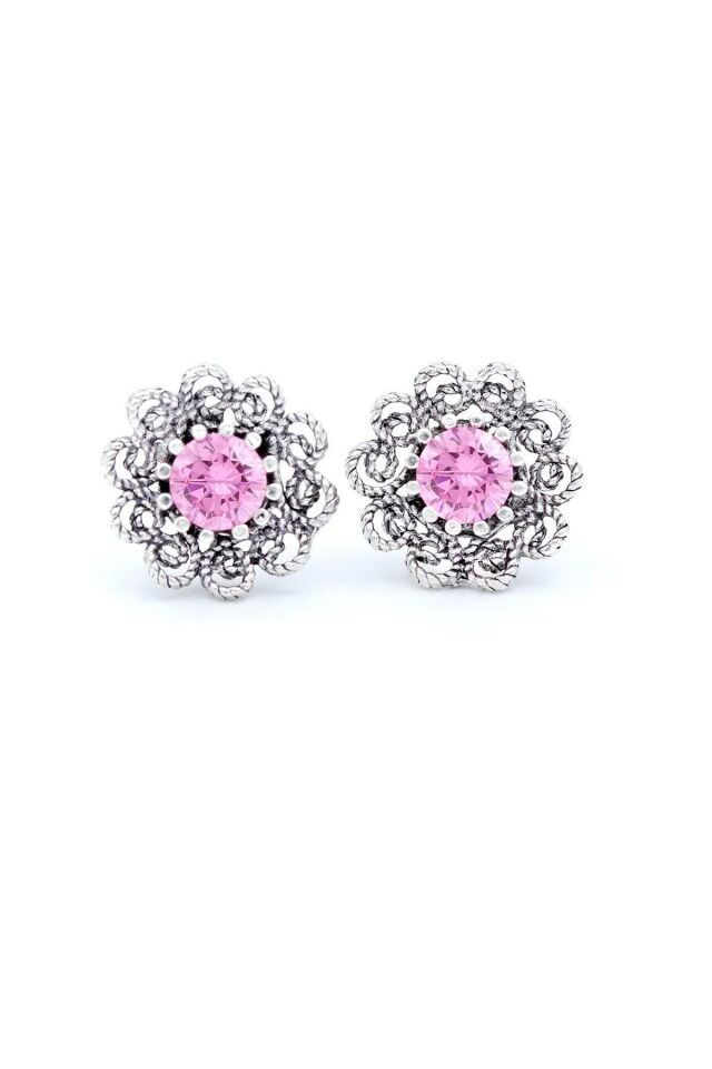 Pembe Kuvars Taşlı Papatya Modeli Telkari İşlemeli Gümüş Küpe 302