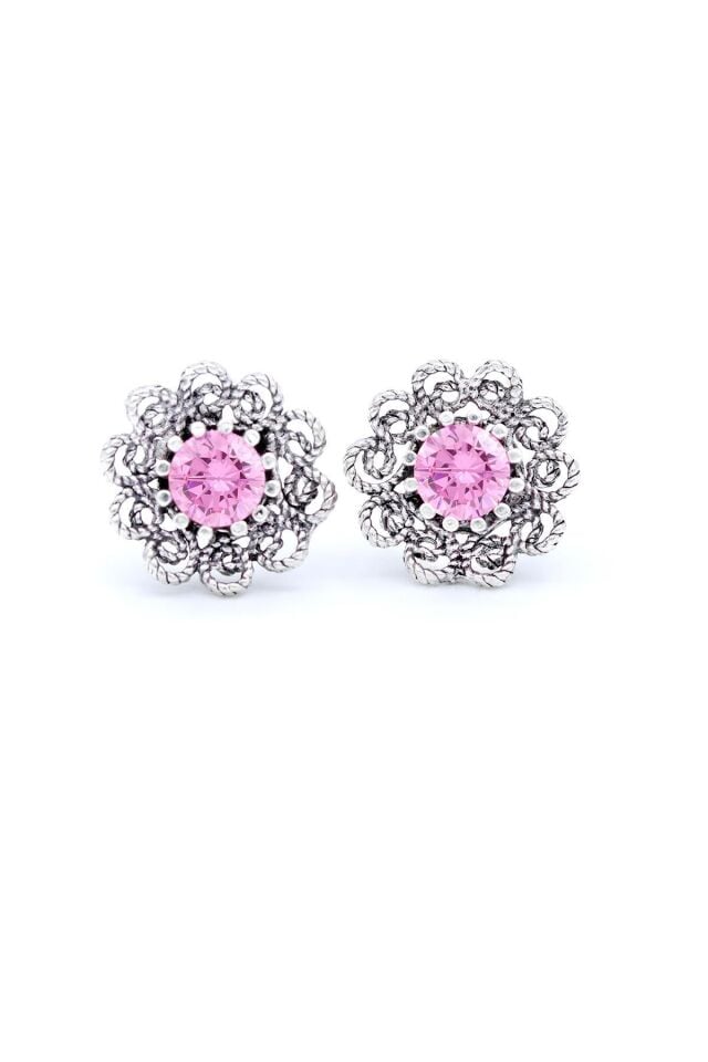 Pembe Kuvars Taşlı Papatya Modeli Telkari İşlemeli Gümüş Küpe 302