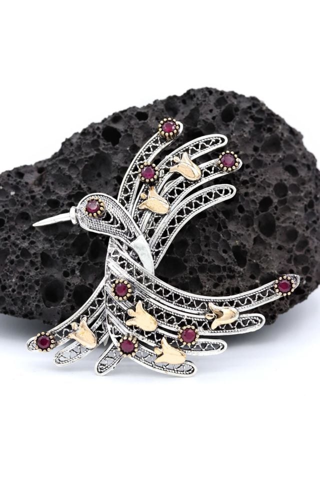 Kök Yakut Taşlı Anka Kuşu Telkari Gümüş Broş 175