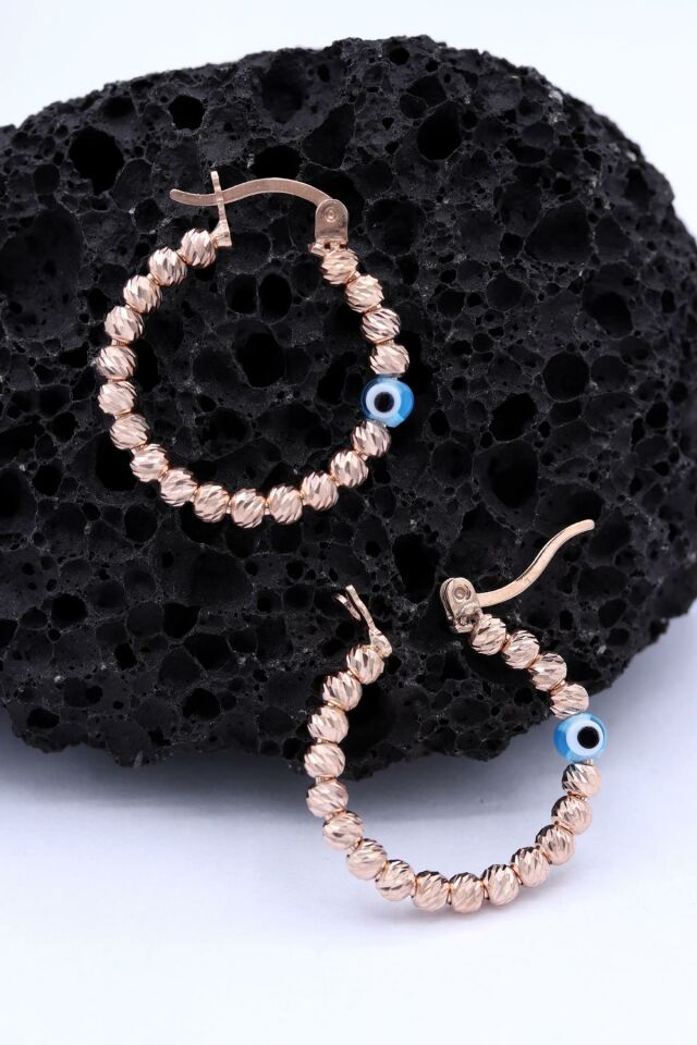 Dorika Modeli Nazar Boncuklu Roz Halka Gümüş Küpe 218