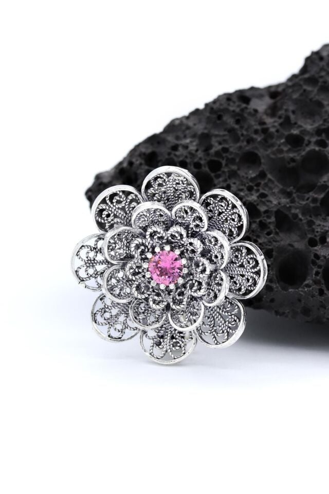 Pembe Kuvars Taşlı Papatya Modeli Telkari Gümüş Broş 183