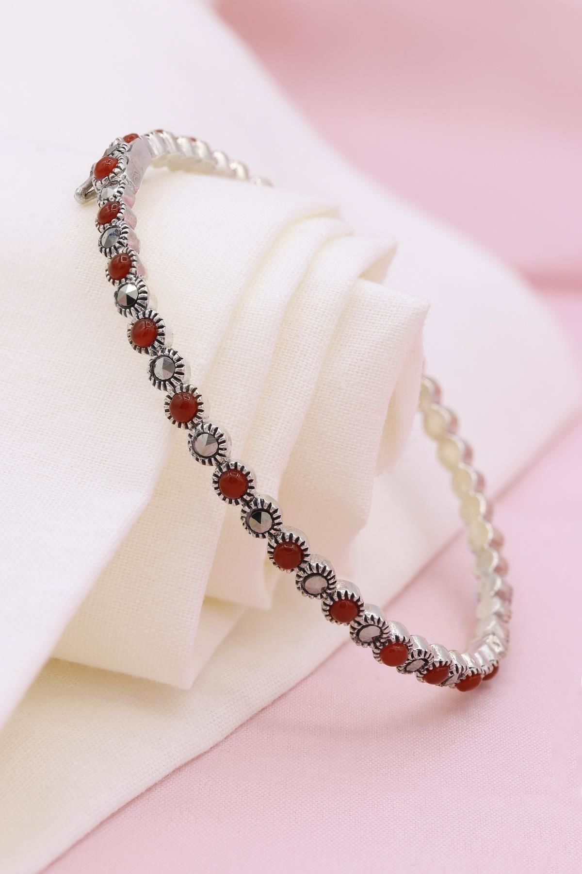Bordo Akik Taşlı Markazit Gümüş Bilezik 022