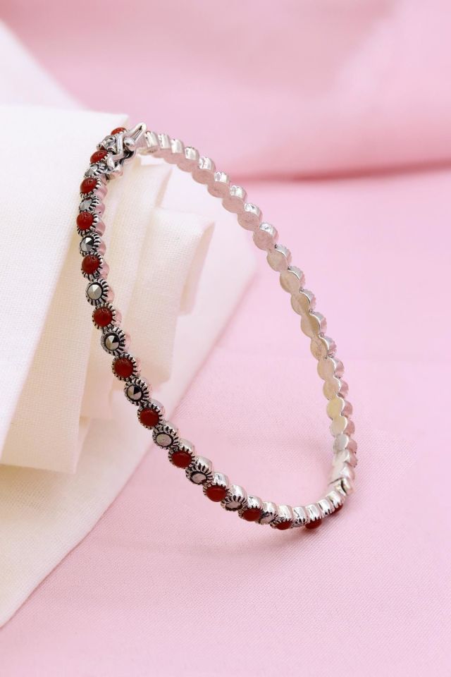 Bordo Akik Taşlı Markazit Gümüş Bilezik 022