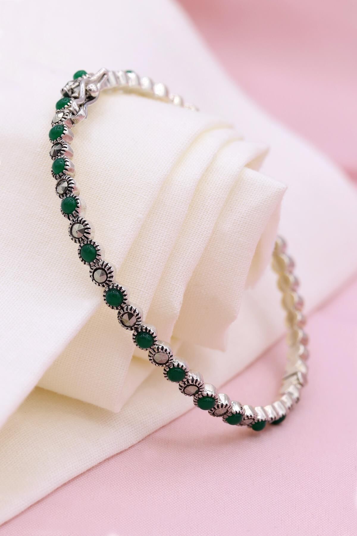 Yeşil Akik Taşlı Markazit Gümüş Bilezik 023