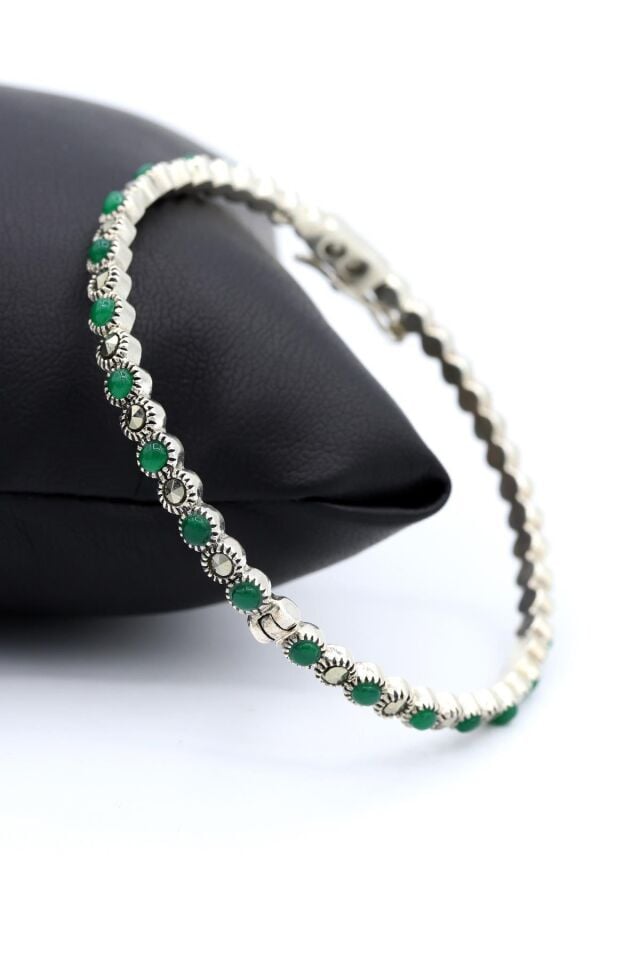 Yeşil Akik Taşlı Markazit Gümüş Bilezik 023