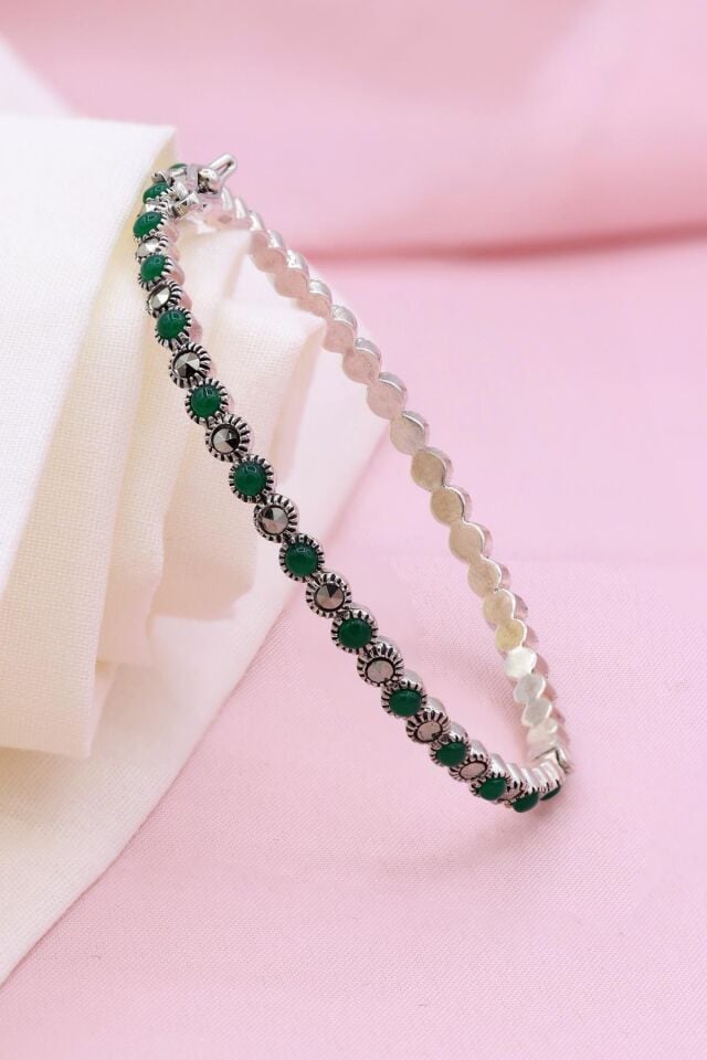 Yeşil Akik Taşlı Markazit Gümüş Bilezik 023