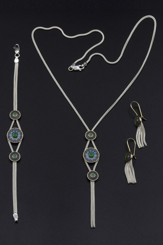 Altın Yaldızlı Mineli Mardin Hasırı Gümüş Set 031