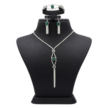 Yeşil Akik Taşlı Mardin Hasırı Gümüş Set 033
