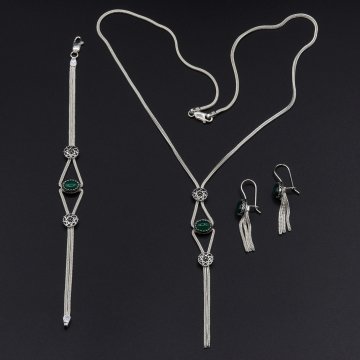 Yeşil Akik Taşlı Mardin Hasırı Gümüş Set 033