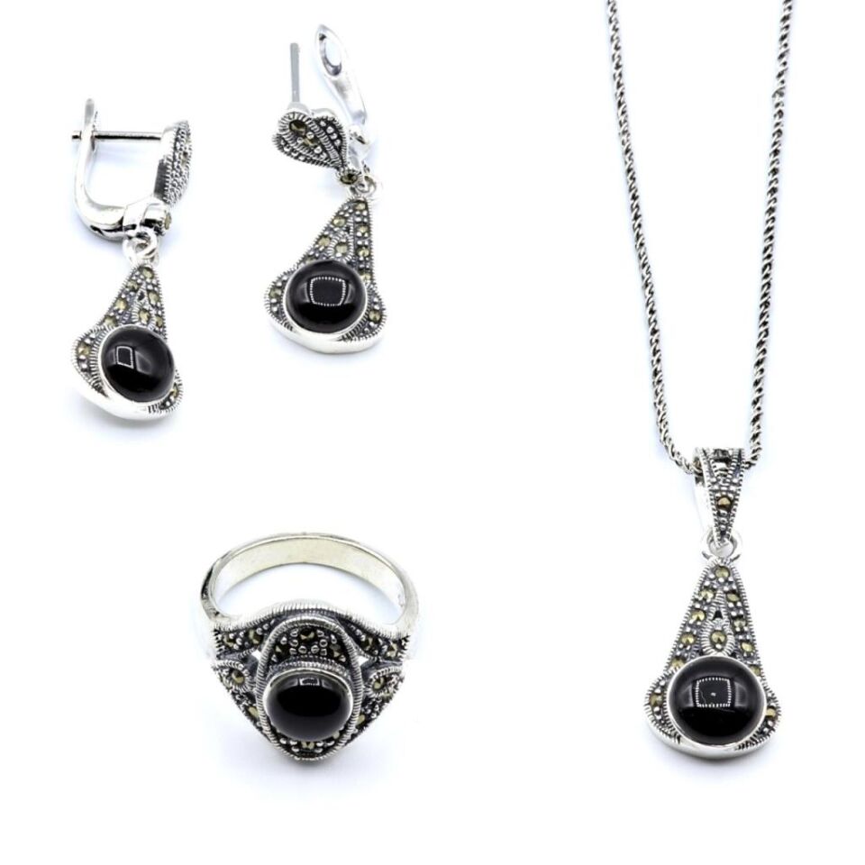 Siyah Akik Taşlı Markazit Gümüş Set 032