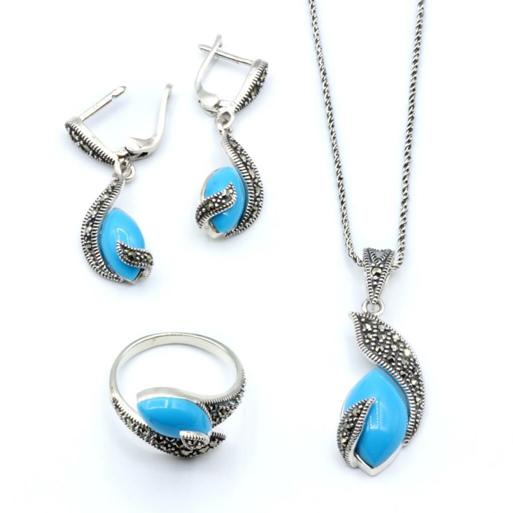 Turkuaz Firuze Taşlı Markazit Gümüş Set 033