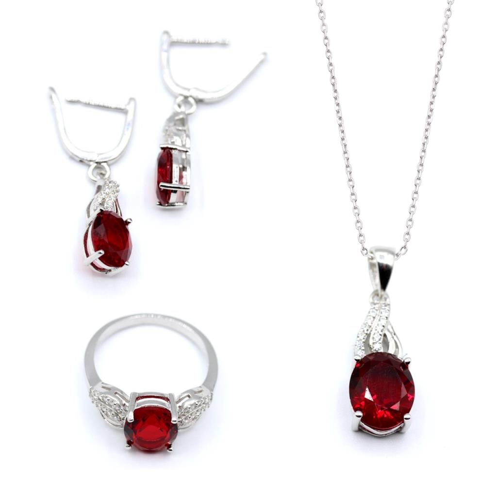 Kırmızı Zirkon Taşlı Gümüş Set 046