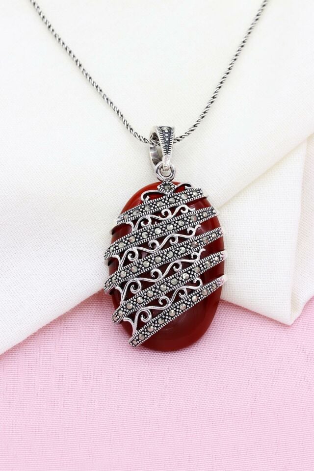 Sarmal Model Bordo Akik Taşlı Markazit Gümüş Kolye 165