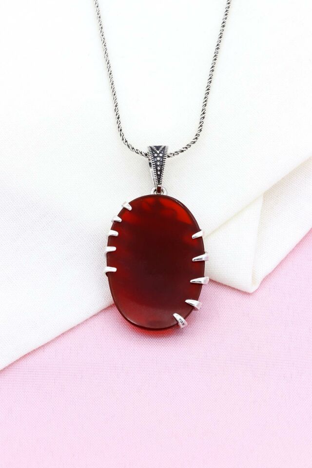 Sarmal Model Bordo Akik Taşlı Markazit Gümüş Kolye 165