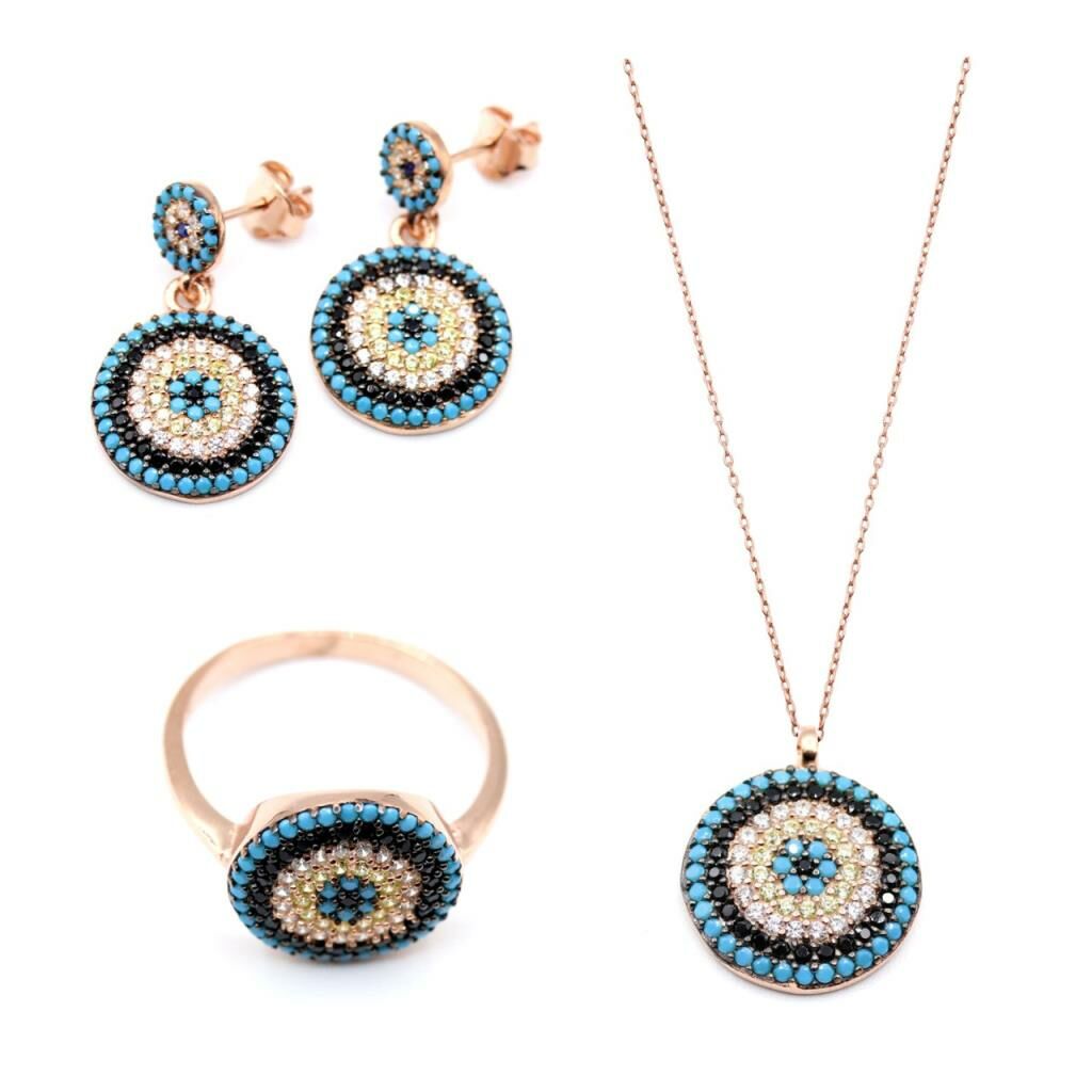 Nazar Boncuklu Zirkon Taşlı Gümüş Set 048