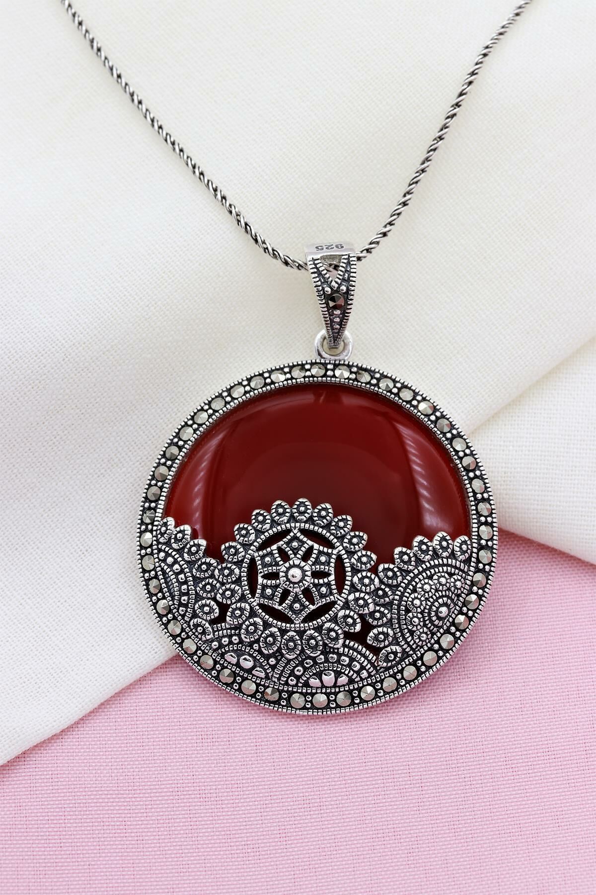Bordo Akik Taşlı Markazit Gümüş Kolye 170
