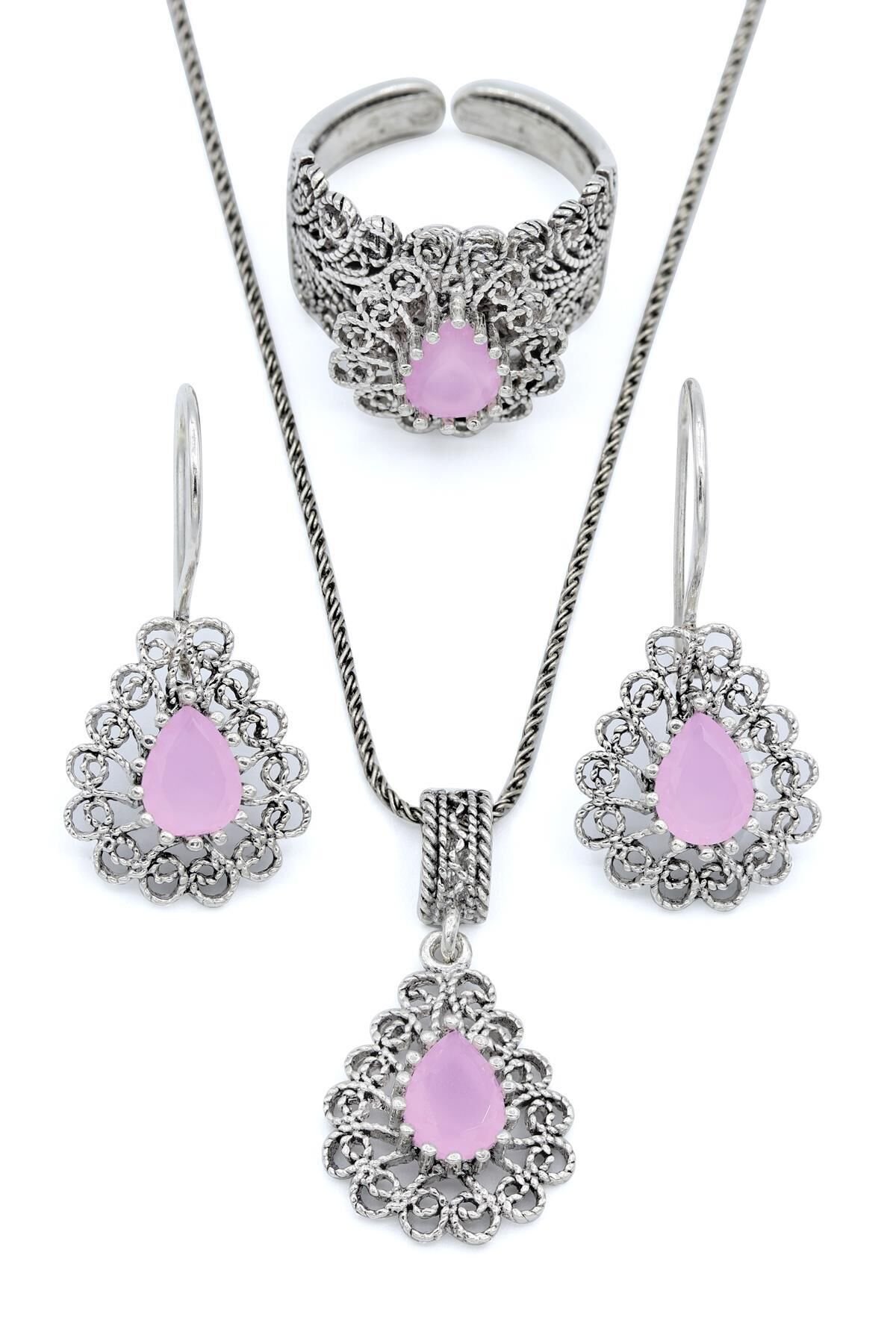 Damla Modeli Pembe Kuvars Taşlı Telkari Gümüş Set 138