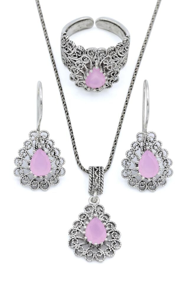 Damla Modeli Pembe Kuvars Taşlı Telkari Gümüş Set 138