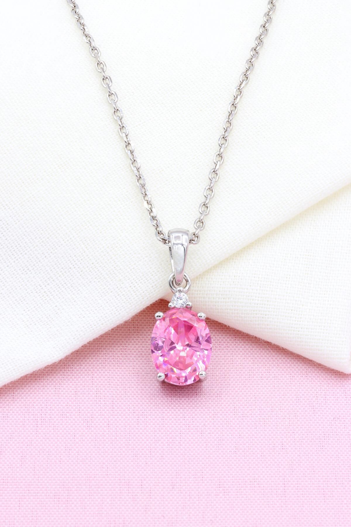 Pembe Kuvars Taşlı Gümüş Kolye 248