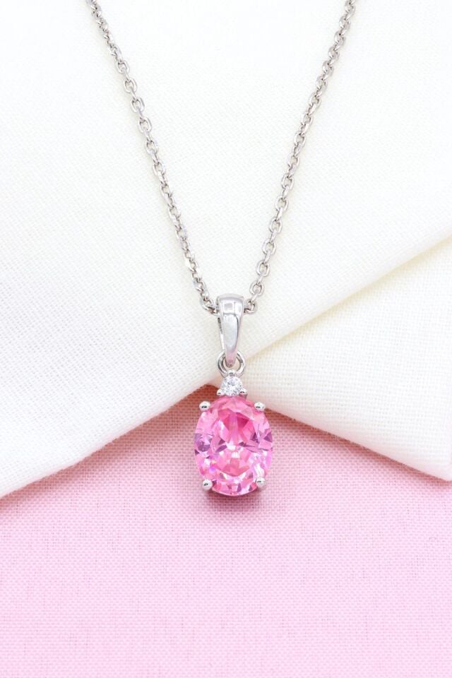 Pembe Kuvars Taşlı Gümüş Kolye 248