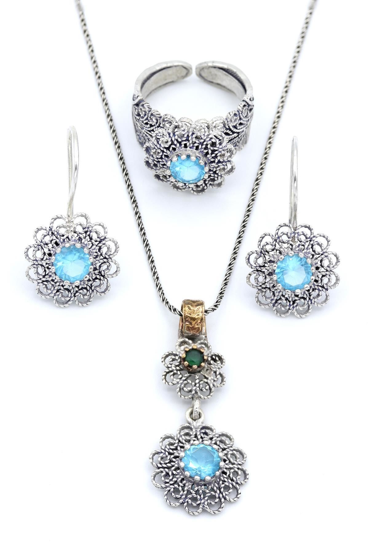 Turkuaz Zirkon Taşlı Telkari Gümüş Set 139