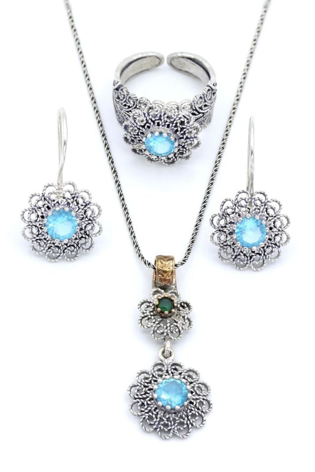 Turkuaz Zirkon Taşlı Telkari Gümüş Set 139