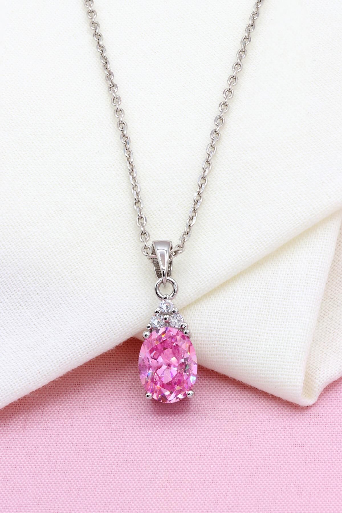 Pembe Kuvars Taşlı Gümüş Kolye 258
