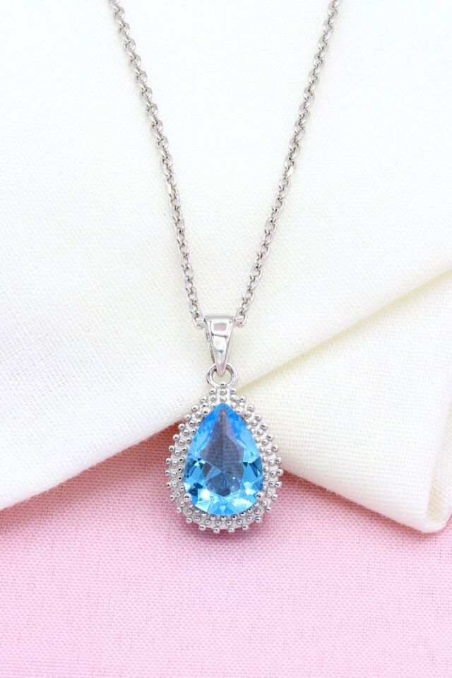 Akuamarin Taşlı Damla Modeli Gümüş Kolye 267