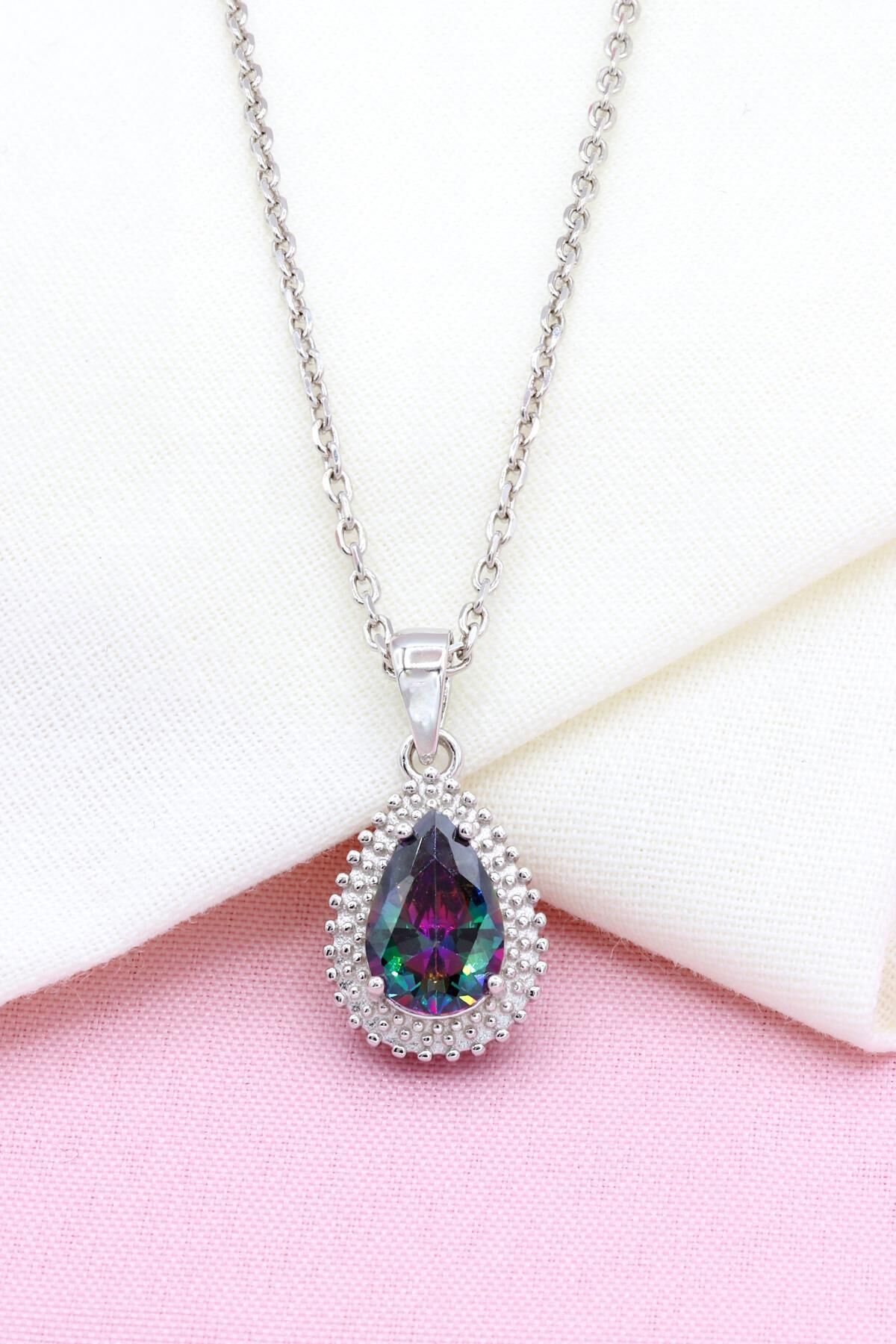 Mistik Topaz Taşlı Damla Modeli Gümüş Kolye 270