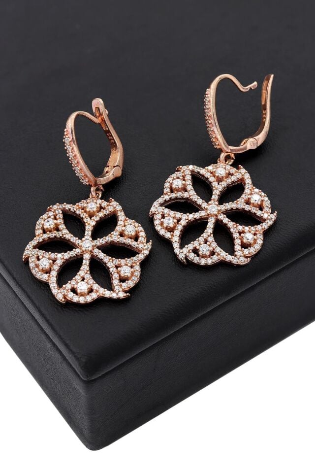 Beyaz Zirkon Taşlı Roz Gümüş Küpe 018