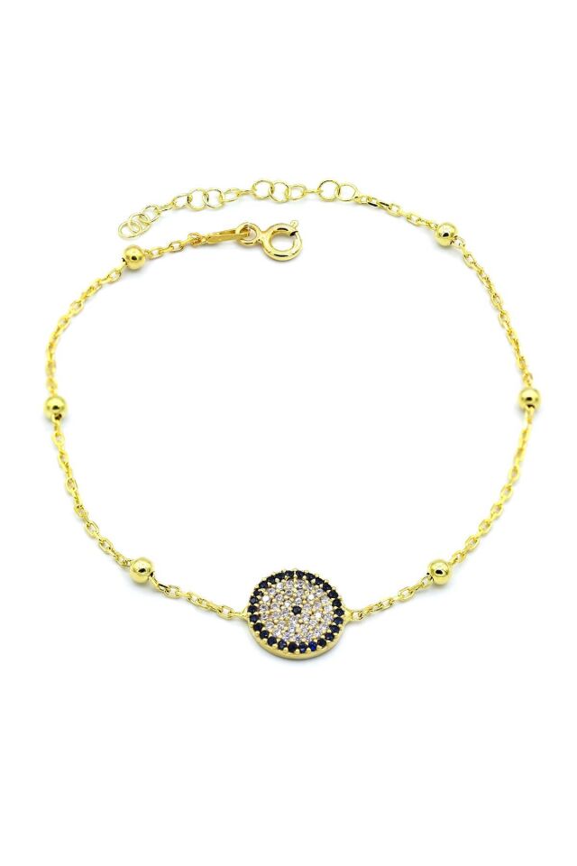 Nazar Boncuklu Zincir Modeli Altın Yaldızlı Gümüş Bileklik 192
